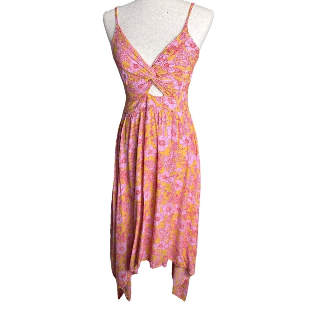 Angie Twist Front Asymmetrical Floral Maxi Dress Womens Medium Pink Boho
